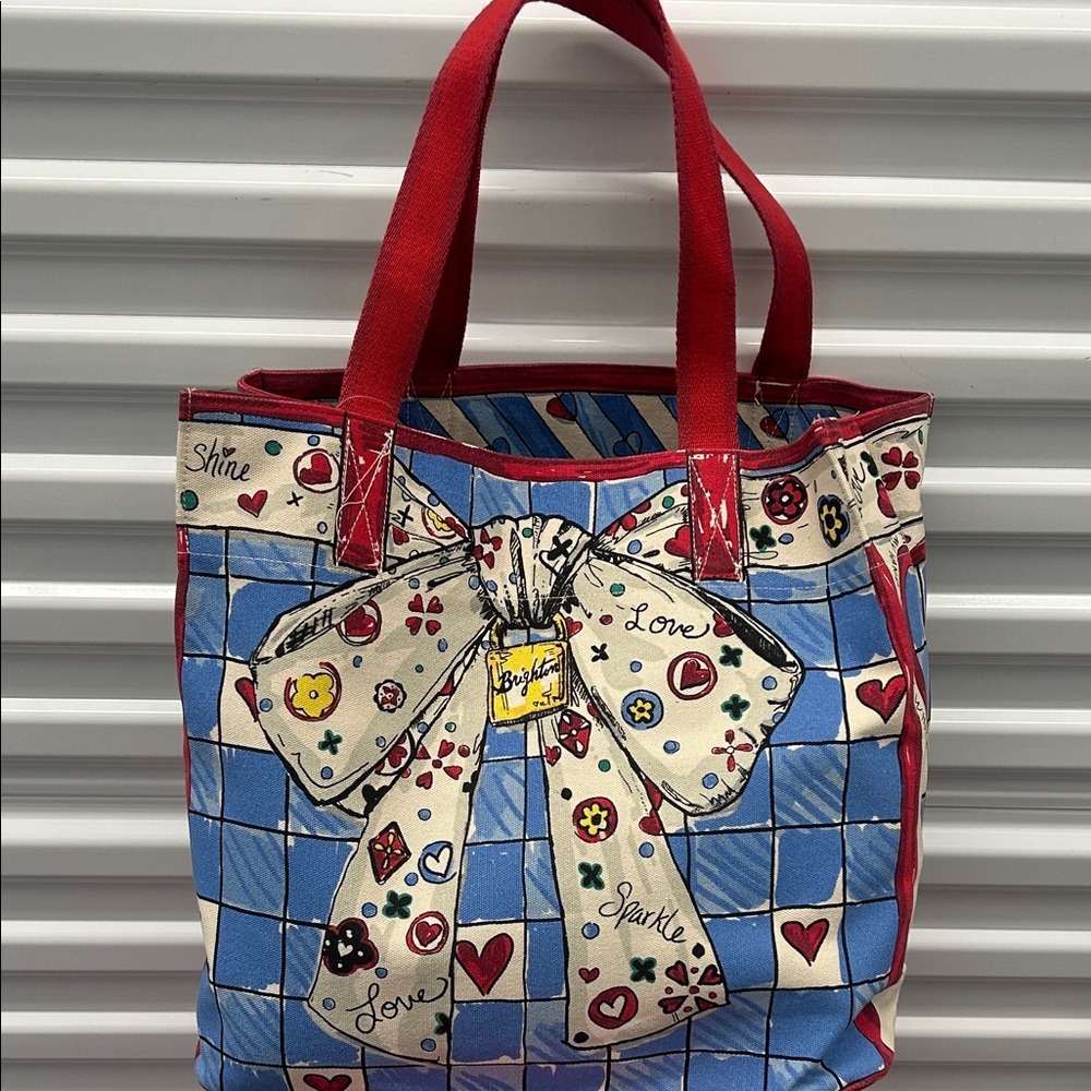 NEW Brighton Red-Trimmed Blue & Cream Bow Tote